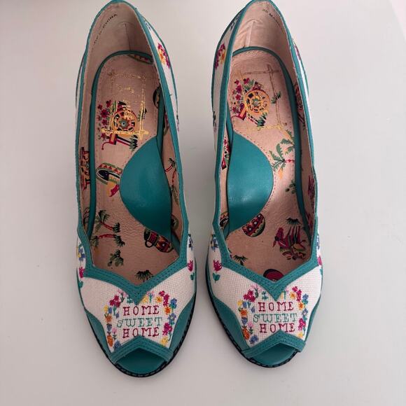Miss L Fire Home Sweet Home Peep Toe Heels Retro Needlepoint Size EU 36 US 6 - Picture 2 of 12